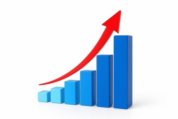 Blue bar graph with a red arrow indicating upward growth and success
