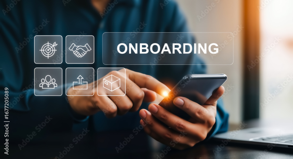 Poster person using smartphone with onboarding icons and text, representing new employee integration and bu