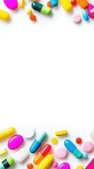 Colorful pills and medical symbolic background, top view on white paper with copy space for healthcare poster, pharmaceutical ad design, high-resolution image