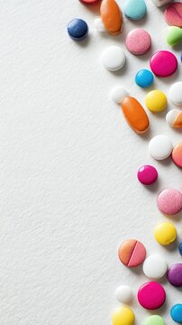 Colorful pills and medical symbolic background, top view on white paper with copy space for healthcare poster, pharmaceutical ad design, high-resolution image