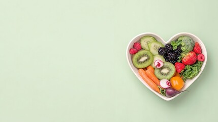 Fruits and vegetables in heart-shaped bowl on pastel green background, healthy eating concept with copy space for text, minimalist style