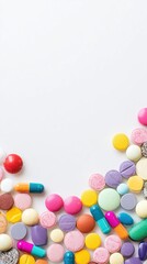 Colorful pills and medical symbolic background, top view on white paper with copy space for healthcare poster, pharmaceutical ad design, high-resolution image