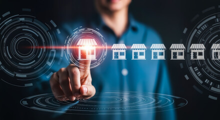 Businessman touching a glowing icon of a store, representing franchise business growth and expansion, with digital interfaces and holographic elements