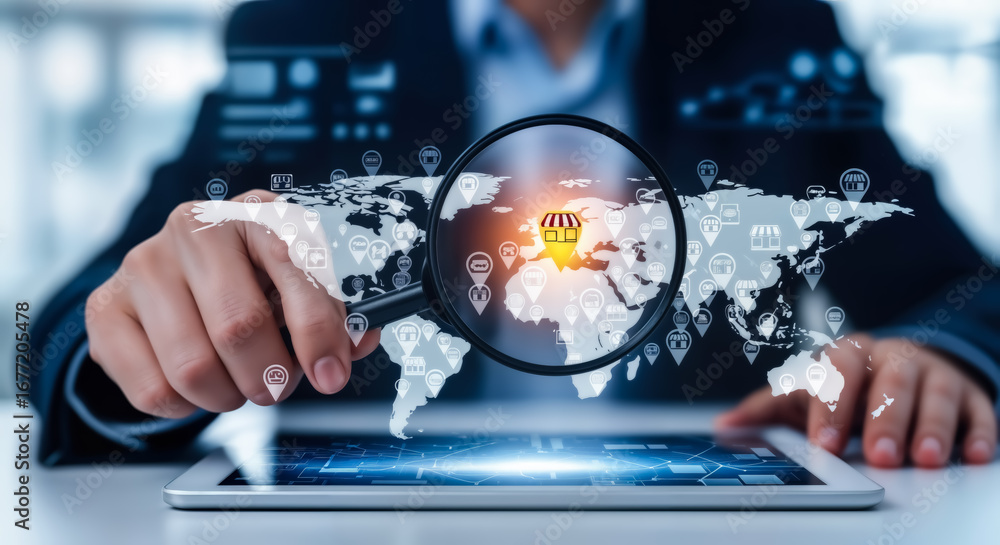 Poster businessman examining global business network on tablet with magnifying glass, digital world map wit