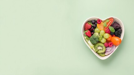 Fruits and vegetables in heart-shaped bowl on pastel green background, healthy eating concept with copy space for text, minimalist style