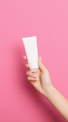 Hand holding white skincare cream tube on pink background, beauty and skin care concept for product advertisement, cosmetic packaging design
