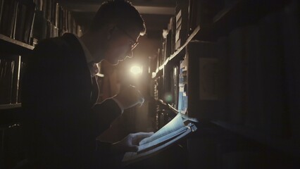 Person with gloves looking at papers in the dark