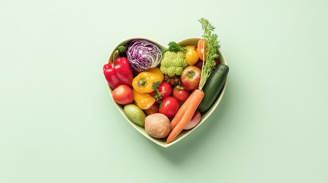 Fruits and vegetables in heart-shaped bowl on pastel green background, healthy eating concept with copy space for text, minimalist style