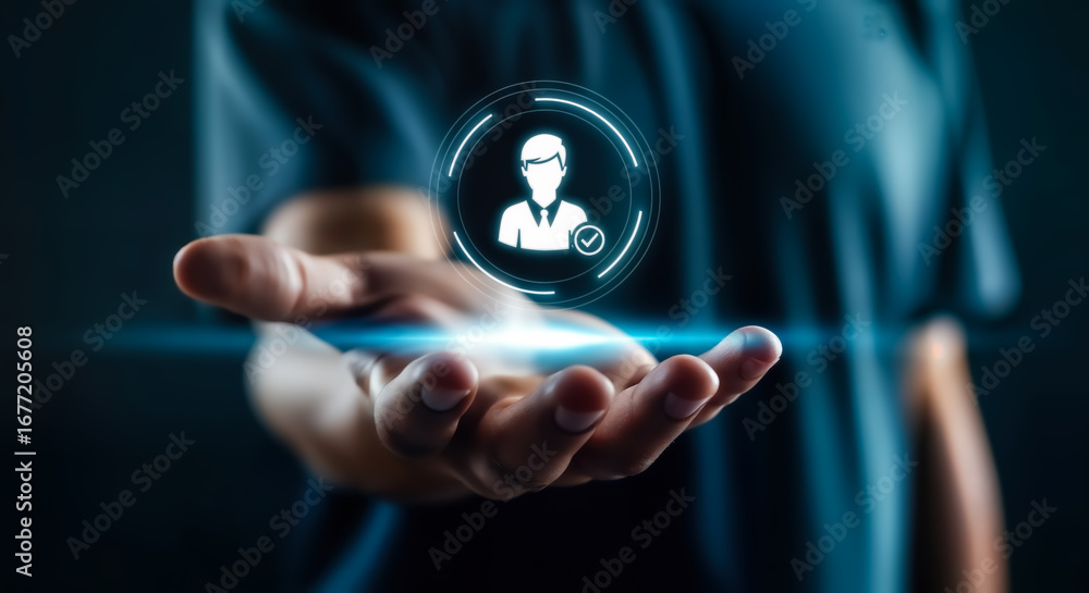Poster hand holding a glowing digital icon representing a verified user profile with a checkmark, symbolizi