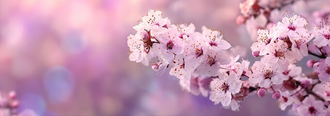 Soft-focus springtime blossoms of pale pink and white flowers on branches, a blurred background of pastel hues