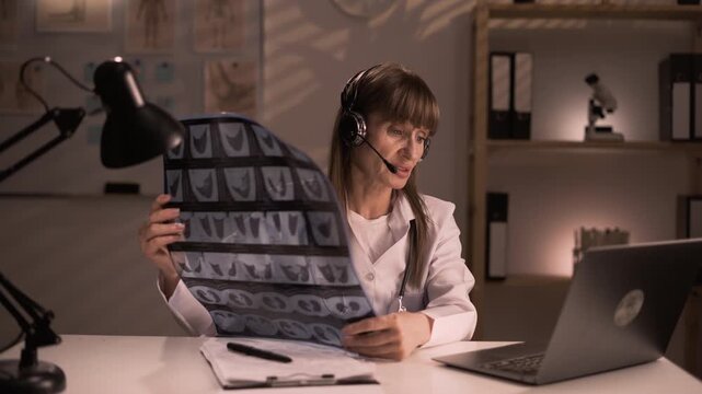 Female Doctor radiologist working at nightshift looking at x-ray images