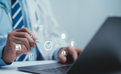 Doctor using digital checklist system with medical icons on laptop, representing healthcare compliance, data management, patient safety and quality assurance in modern medical services