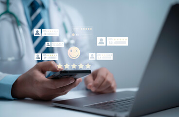 Medical professional using digital technology to manage customer feedback and patient satisfaction ratings, representing healthcare service quality, online review system and trust in medical industry