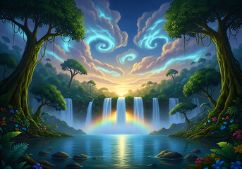 Enchanting waterfall landscape with rainbow and aurora sky