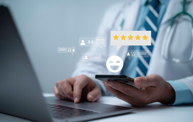 Doctor using smartphone and laptop with floating star rating icons representing online reviews, digital feedback management and patient satisfaction in modern healthcare services