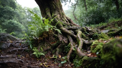 Intricate tree roots intertwine with lush ferns in a serene forest, showcasing nature's beauty and resilience.