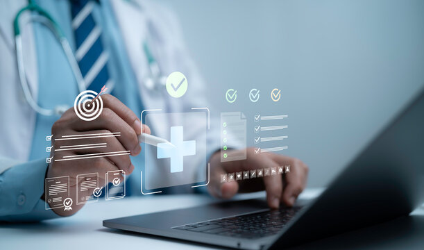 Doctor using digital checklist and target management system on laptop with medical icons, symbolizing healthcare compliance, quality control, patient safety and hospital accreditation