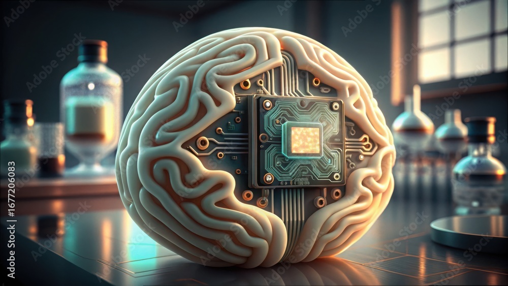 Poster neural implant embedded in silicone brain design for ai development