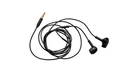 Black earphones audio music sound listen technology wired headset device accessory connector plug jack phone on transparent background