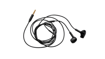Black earphones audio music sound listen technology wired headset device accessory connector plug jack phone on transparent background