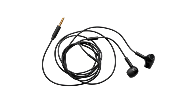 Black earphones audio music sound listen technology wired headset device accessory connector plug jack phone on transparent background