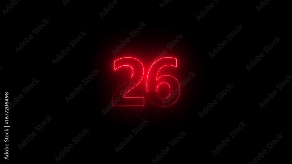 Poster glowing red neon number 26 on black background twentysix numeral