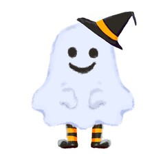 Cute Halloween ghost with witch hat, smiling face, with feet