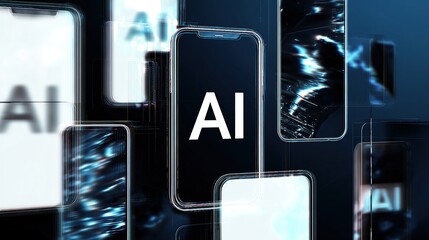 Futuristic Digital Art of AI on White Phone Screen with Glitch Effects and Multiple Smartphones �C Abstract Technology Concept