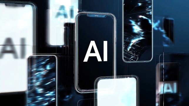Futuristic Digital Art of AI on White Phone Screen with Glitch Effects and Multiple Smartphones �C Abstract Technology Concept