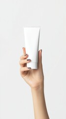 Woman Hand Holding White Cosmetic Tube Beauty Product Packaging Mockup for Skincare Branding and Marketing Design