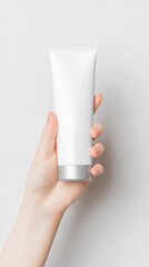 Woman Hand Holding White Cosmetic Tube Beauty Product Packaging Mockup for Skincare Branding and Marketing Design