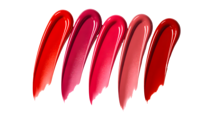 Lipstick swatches beauty makeup cosmetic shades red pink glossy texture vibrant colors samples palette on transparent background