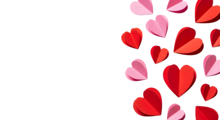 Numerous folded paper hearts in vibrant red and soft pink hues arranged artistically on a clean white backdrop.