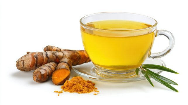 Turmeric tea in a cup with fresh turmeric roots and ground powder. A vibrant drink known for health benefits.