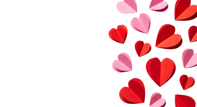 Numerous folded paper hearts in vibrant red and soft pink hues arranged artistically on a clean white backdrop.