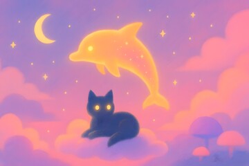 Fototapeta premium Black cat resting on clouds watching glowing dolphin in pink and purple sky; dreamy pastel illustration for children’s stories, nursery decor, uplifting posters, and graphics.