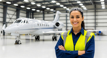 Confident Female Aircraft Mechanic in Hangar