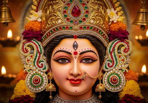 Close up of Hindu Goddess Durga Illustration with Traditional Elements. Happy Navratri