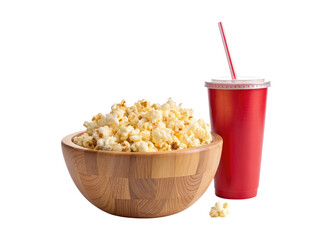 A wooden bowl filled with popcorn next to a red soda cup with a straw isolated on a transparent background png