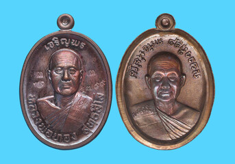 Amulets of famous monks and teachers at Wat Ban Rai, Thailand