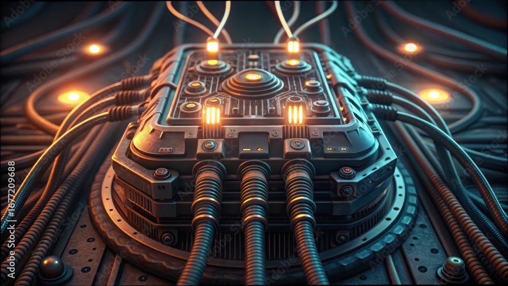 Poster close-up view of neural signal transmitter with illuminated elements