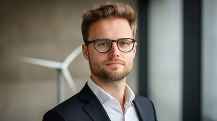 Portrait of a man with glasses and a suit with a wind turbine in the background in soft focus