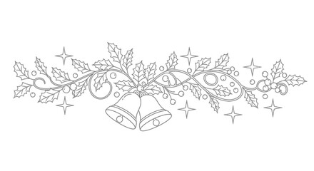 Elegant black and white illustration of Christmas bells, holly, and festive stars.
