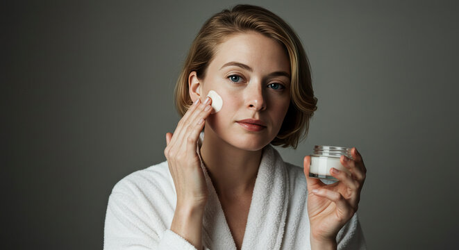 Woman applying skincare cream on her face, showing a clean and fresh look