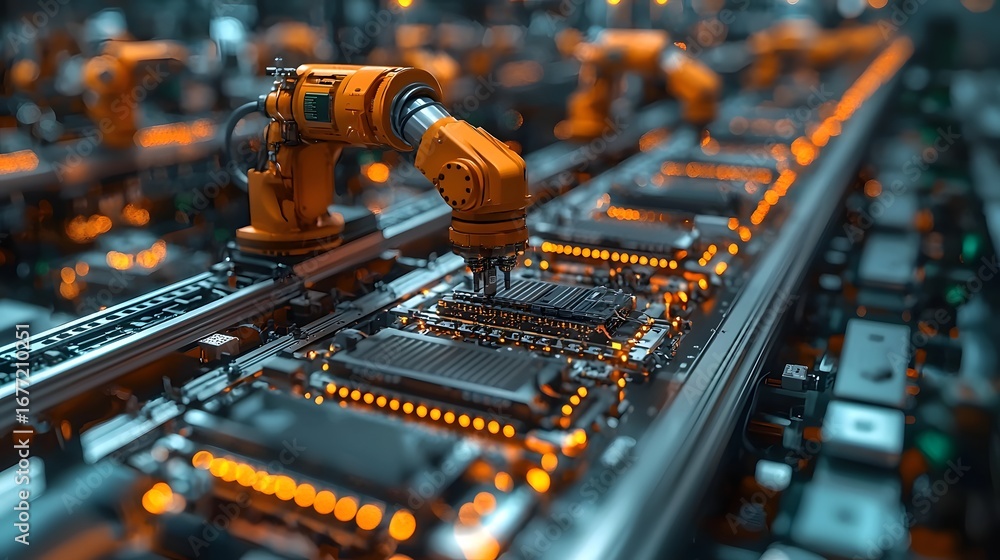 Poster microscopic robots assembling advanced electronic circuits in a futuristic manufacturing lab