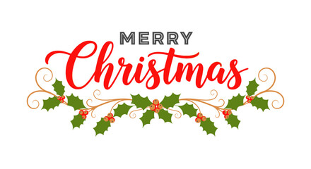 "Merry Christmas" text in red script with holly leaves and berries on a white background.