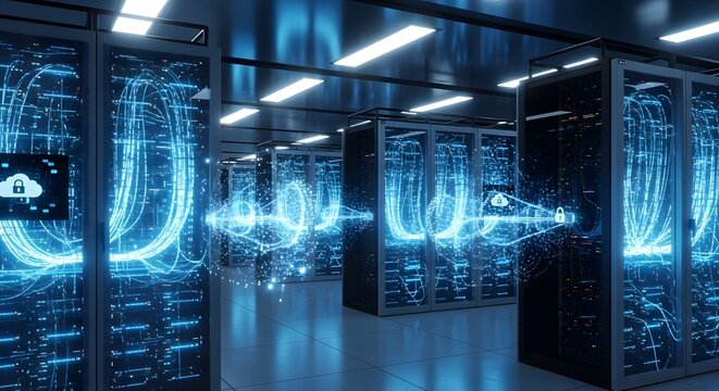 Inside a modern data center, showcasing server racks and cloud computing infrastructure. - Powered by Adobe