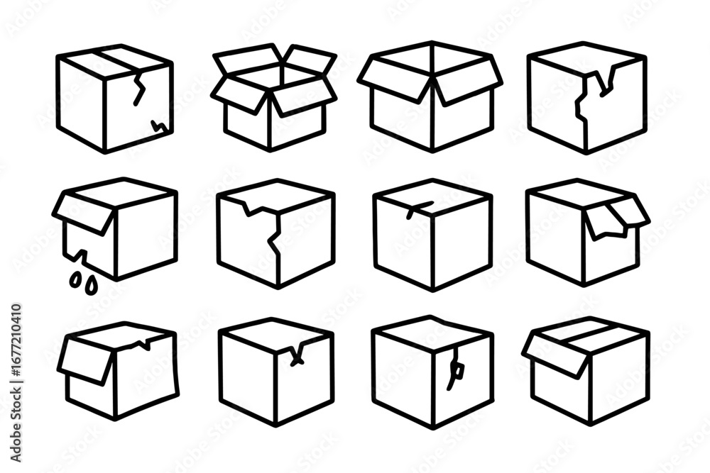 Poster broken box line icon set. damaged package and open shipping carton vector bundle. fragile delivery, 