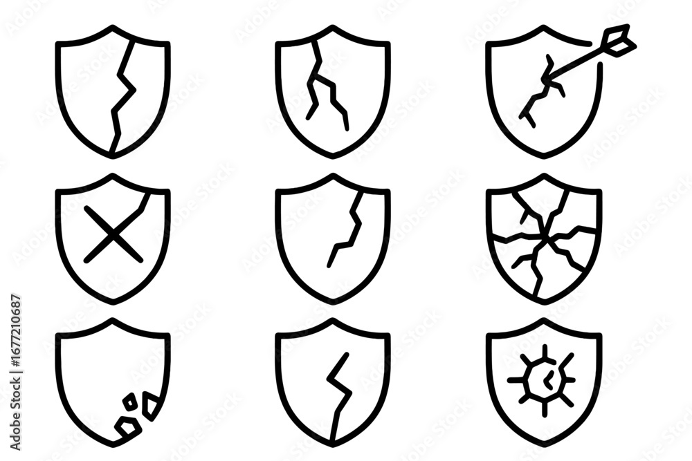 Poster broken shield line icon set. vector symbols of vulnerability, risk, failed security, and data breach