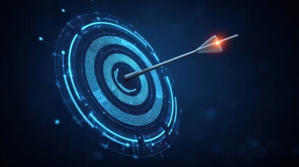 Fototapeta premium Digital Target with Arrow Hitting Center, Futuristic Concept of Precision, Focus, Achievement and Success in Technology and Business Innovation